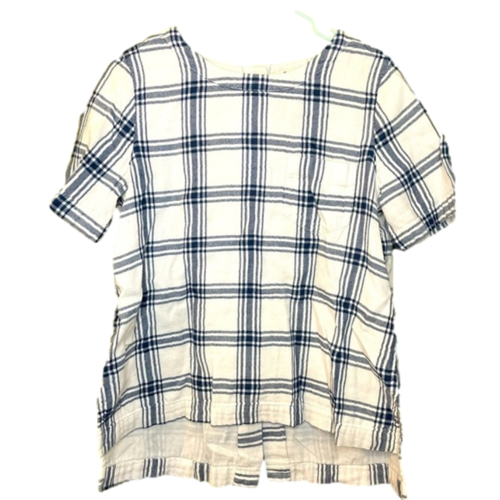 Madewell Cream and Navy Plaid Short-Sleeve Blouse